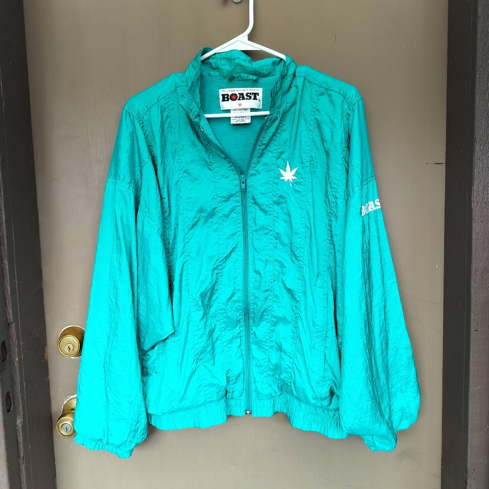 Boast Vintage Teal Bomber Windbreaker Jacket Weed Leaf Embroidery
